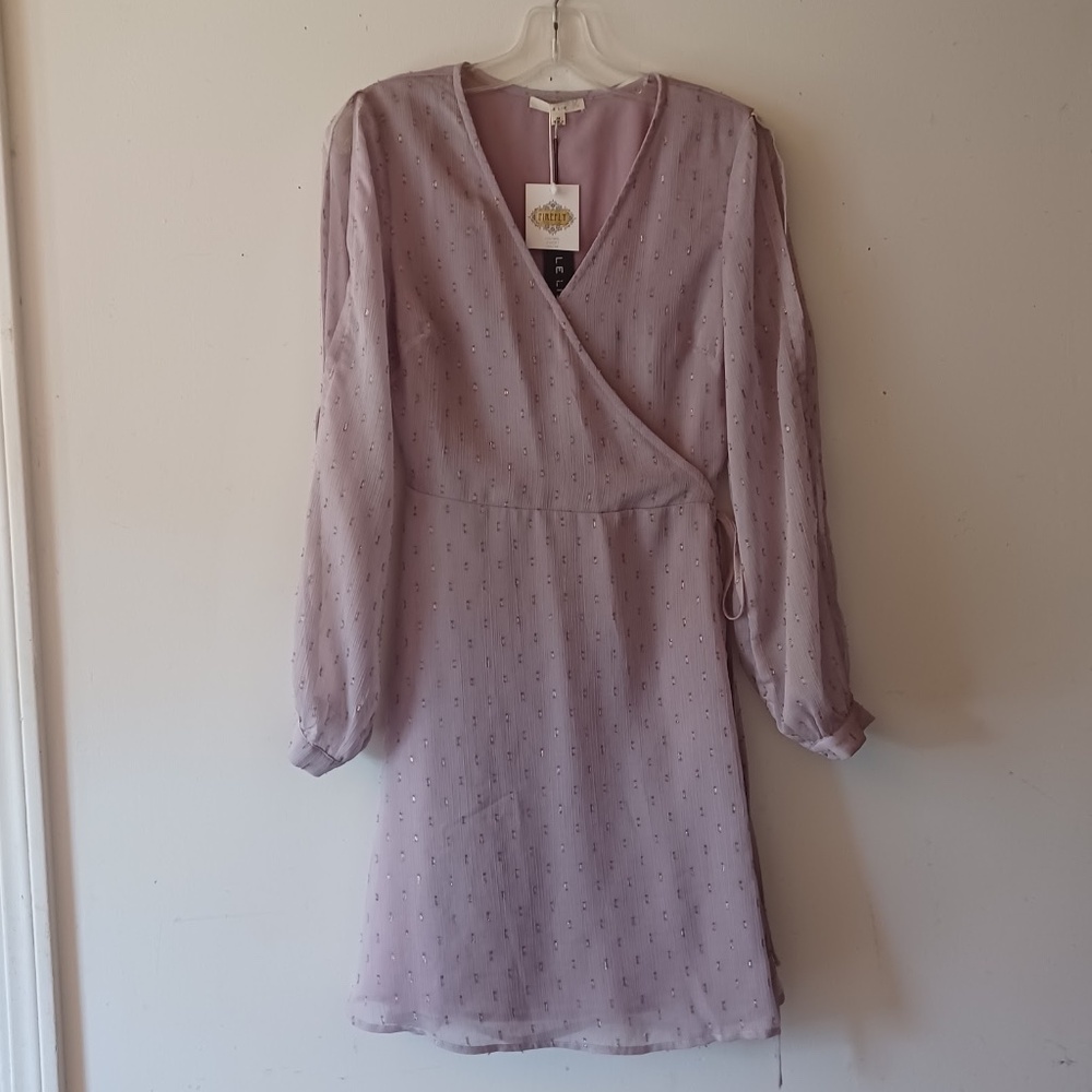 Le Lis Wrap Dress Lavender Gold Swiss Dots Open Sleeves Junior's Size M NEW